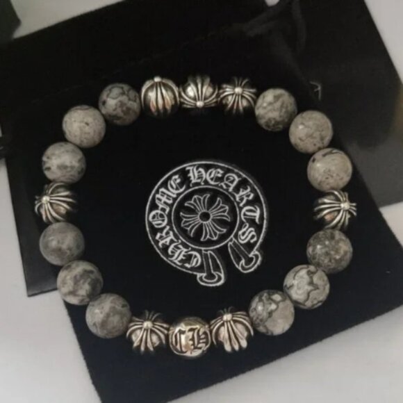 Chrome hearts Crowe Heart 8 cross Silver bead obsidian bracelet - Picture 1 of 6